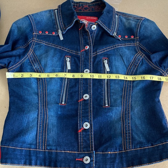 Eckored Jean Jacket. Large. Blue with zippered detail and red jeweled accents - Picture 7 of 9